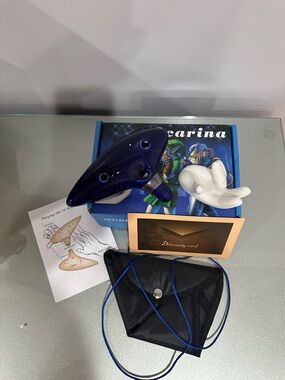 Deep Blue Ceramic Ocarina with Carry Pouch and Accessories